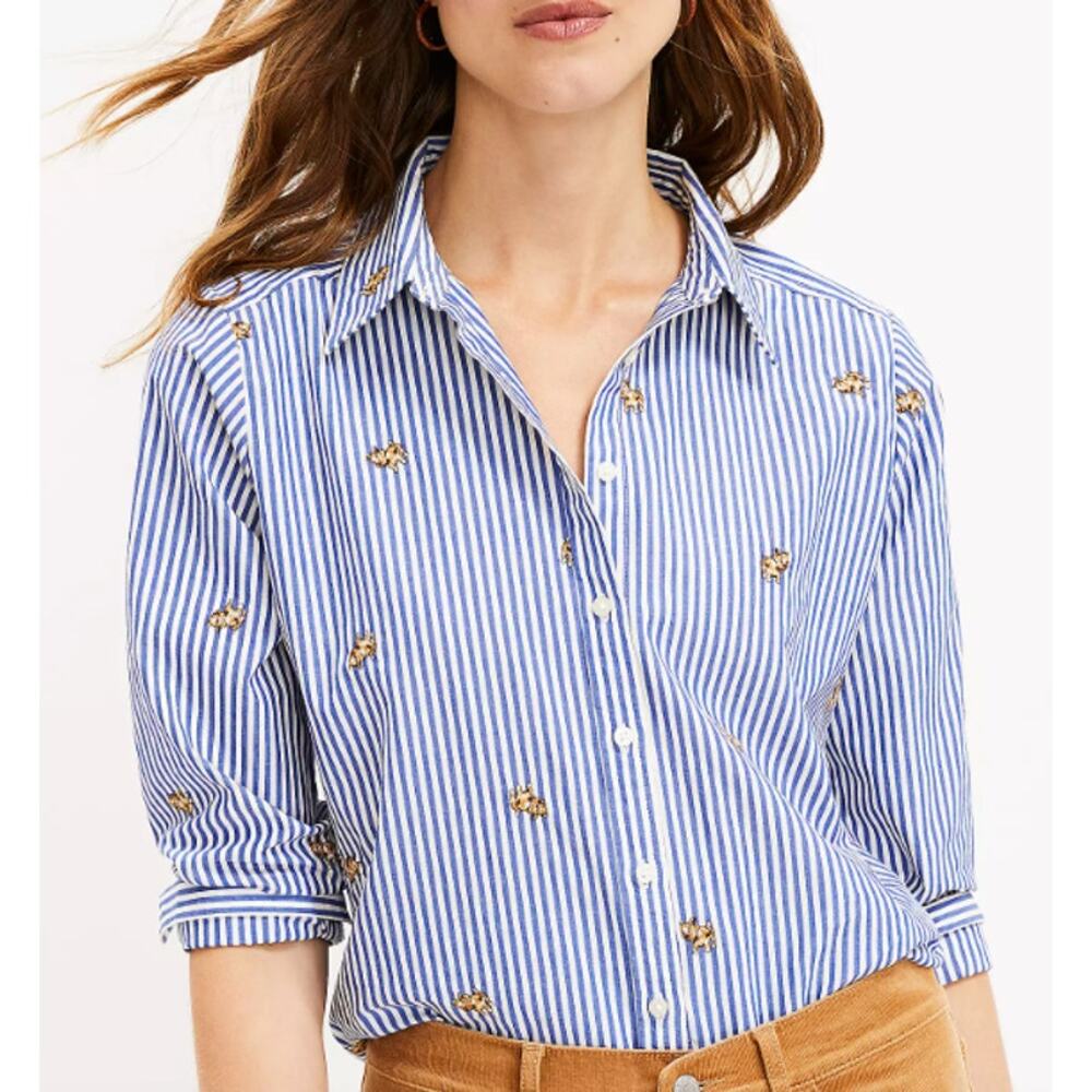 Loft Blue White Pinstripe Dog Embroidered Everyday Shirt Button Down Small BR35 - Picture 3 of 10